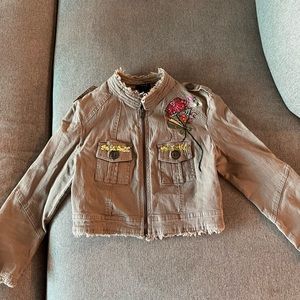 beautiful embroidered floral cream tan utility cropped jacket